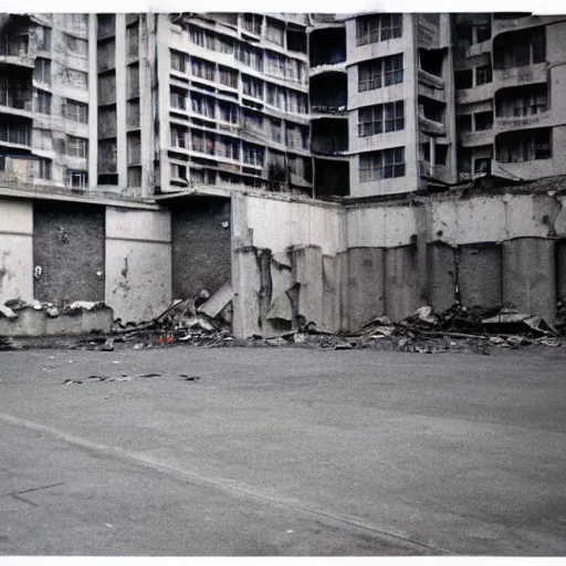 Image similar to brutalist buildings, rundown buildings, orwellian dystopia, totalitarian murals on building walls, hooligans with shaggy hair and blue suits, 1 9 7 1 cinematic, 8 mm photo lens, kodak