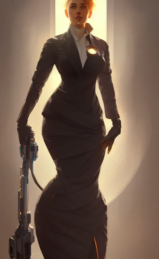 Image similar to Female in office dress, sci-fi, highly detailed, digital painting, artstation, concept art, smooth, sharp focus, illustration, art by artgerm and greg rutkowski and alphonse mucha