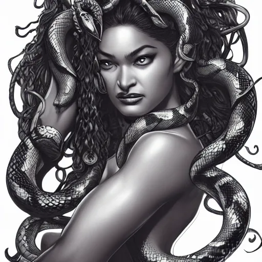 Image similar to Shanina Shaik as Medusa, snakes for hair, highly detailed, digital painting, artstation, concept art, smooth, sharp focus, illustration, art by Chris Achilleos and artgerm, in the style of Medusa (1988) by Chris Achilleos.