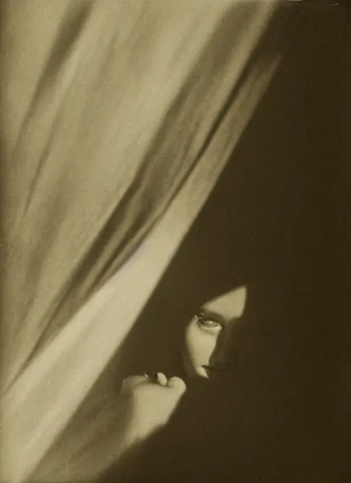 Image similar to a woman peeking out from under a blanket fort in the afternoon, flash polaroid photo by george hurrell, hazy light rays, golden hour