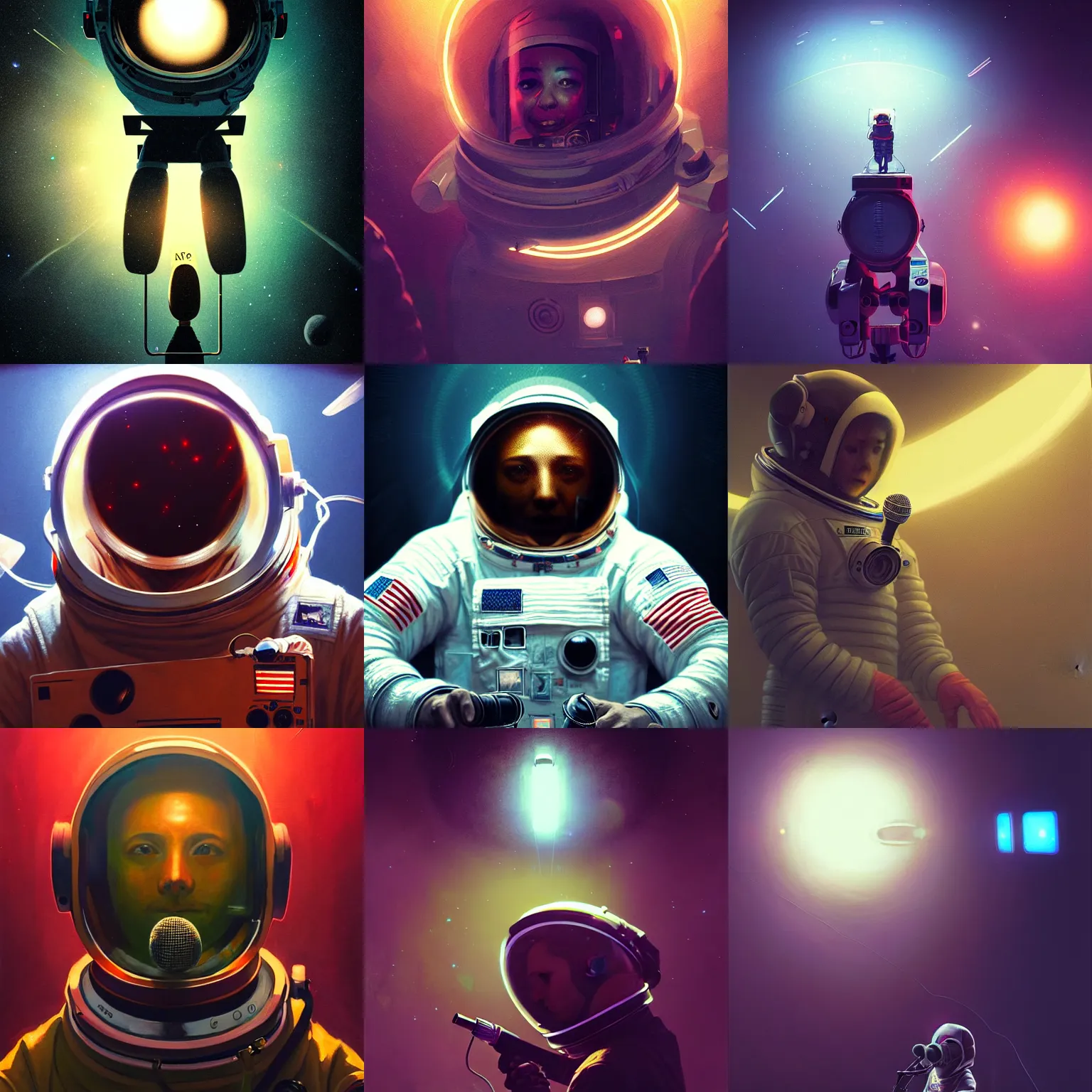 Prompt: portrait of an astronaut holding a microphone on a stage,digital art,ultra realistic,ultra detailed,art by greg rutkowski,dramatic,cinematic,neon,professional lighting