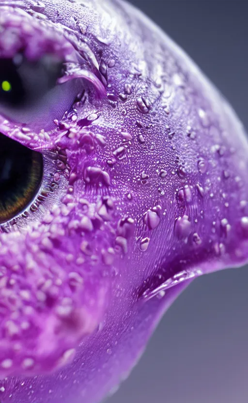 Image similar to macro shot, close-up of a purple squid eye, intricate iris, ultrarealistic, highly detailed, octane render, ray tracing