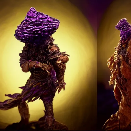 Image similar to zergling from the dark crystal wearing golden talismans and amethyst crystals. evil cinematic undertones. diffuse volumetric lighting.
