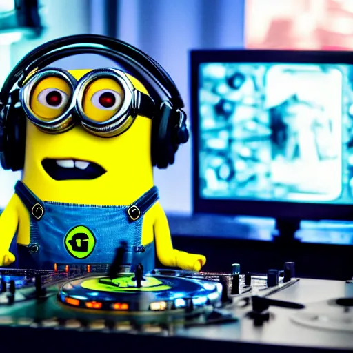 Prompt: a cyberpunk dj minion at a turntable