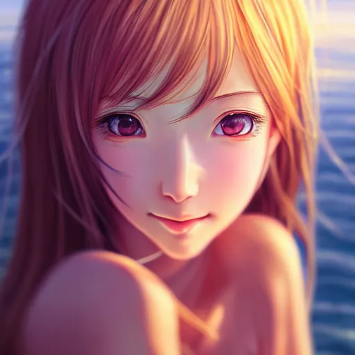 Image similar to beautiful serene intricate very detailed portrait of a realistic anime girl taking a selfie smiling softly, relaxing on the beach, golden hour, soft focus, 8 k, art by irakli nadar, hyperrealism, hyperdetailed, ultra realistic