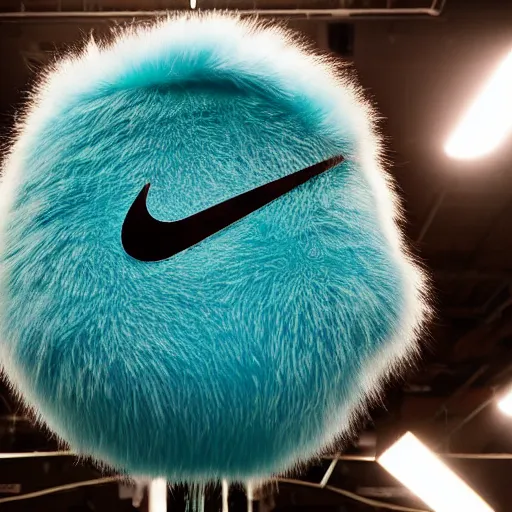 Image similar to nike logo made of very fluffy cyan faux fur placed on reflective surface, professional advertising, overhead lighting, heavy detail, realistic by nate vanhook, mark miner