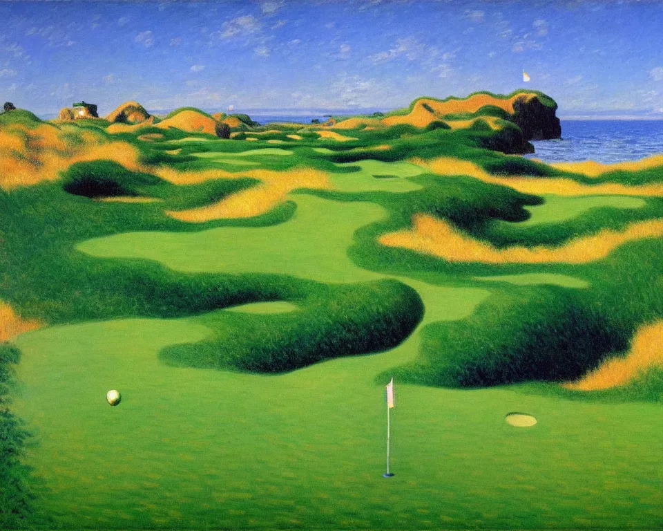 Image similar to achingly beautiful painting of bandon dunes par 3 by rene magritte, monet, and turner.