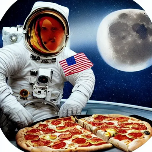 Prompt: an astronaut eating pizza in space with the moon in the background