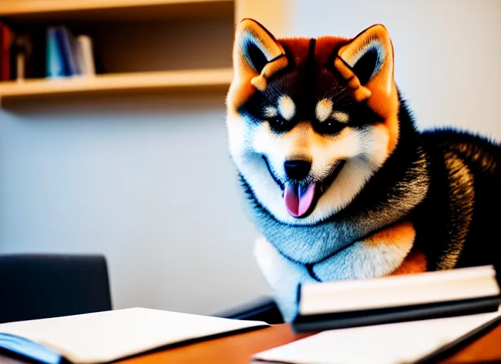Prompt: photo of a real fluffy shiba inu dog wearing a suit and wearing reading glasses, and reading a document at a desk in an office. Highly detailed 8k. Intricate. Sony a7r iv 55mm. Award winning.