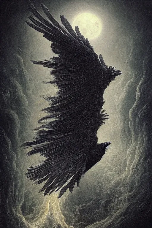 Prompt: Intricate stunning highly detailed raven by agostino arrivabene and Seb McKinnon, digital painting, ultra realistic, Horror vacui, ethereal, dark, swarming swirling bats, full moon, thick swirling smoke tornado, fire embers, trending on artstation