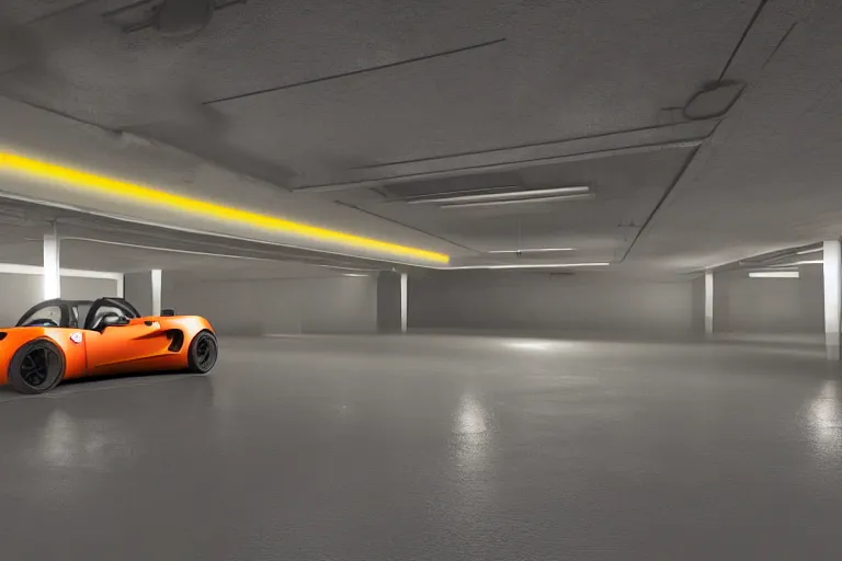 Image similar to highly detailed underground parking garage showcasing one only one single lone sparkly orange Lotus Elise, fluorescent ceiling lights, by Beeple and Syd Meade, concept art, octane render, 8k HDR, artstation