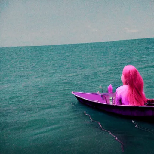 Prompt: analogue aurochrome photo of a womam with pink-purple hair alone in a boat in the sea, shot from the back, extreme long shot