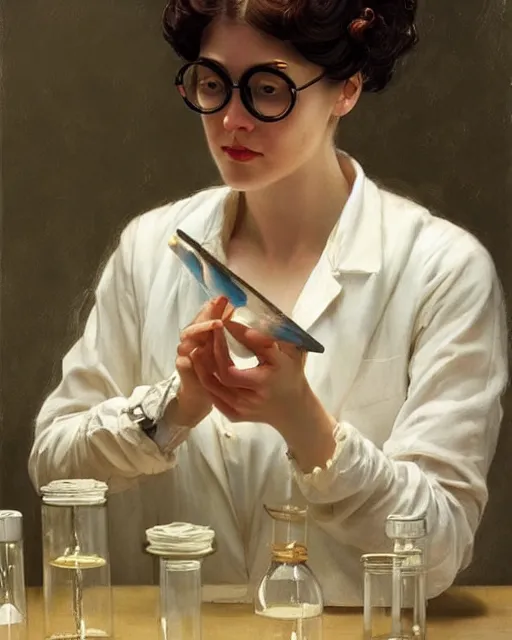 Image similar to a female professor doing experiments in her lab, oil on canvas, artstation, by j. c. leyendecker and edmund blair leighton and charlie bowater, beautiful face, octane, very aesthetic!!!!!!!!!!!!!!!