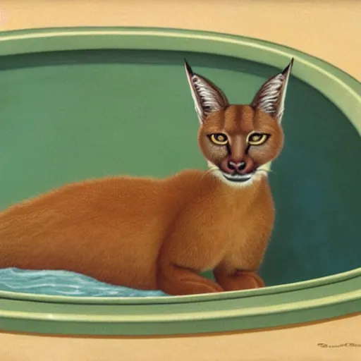 Prompt: cute caracal in bathtub, by Ralph McQuarrie