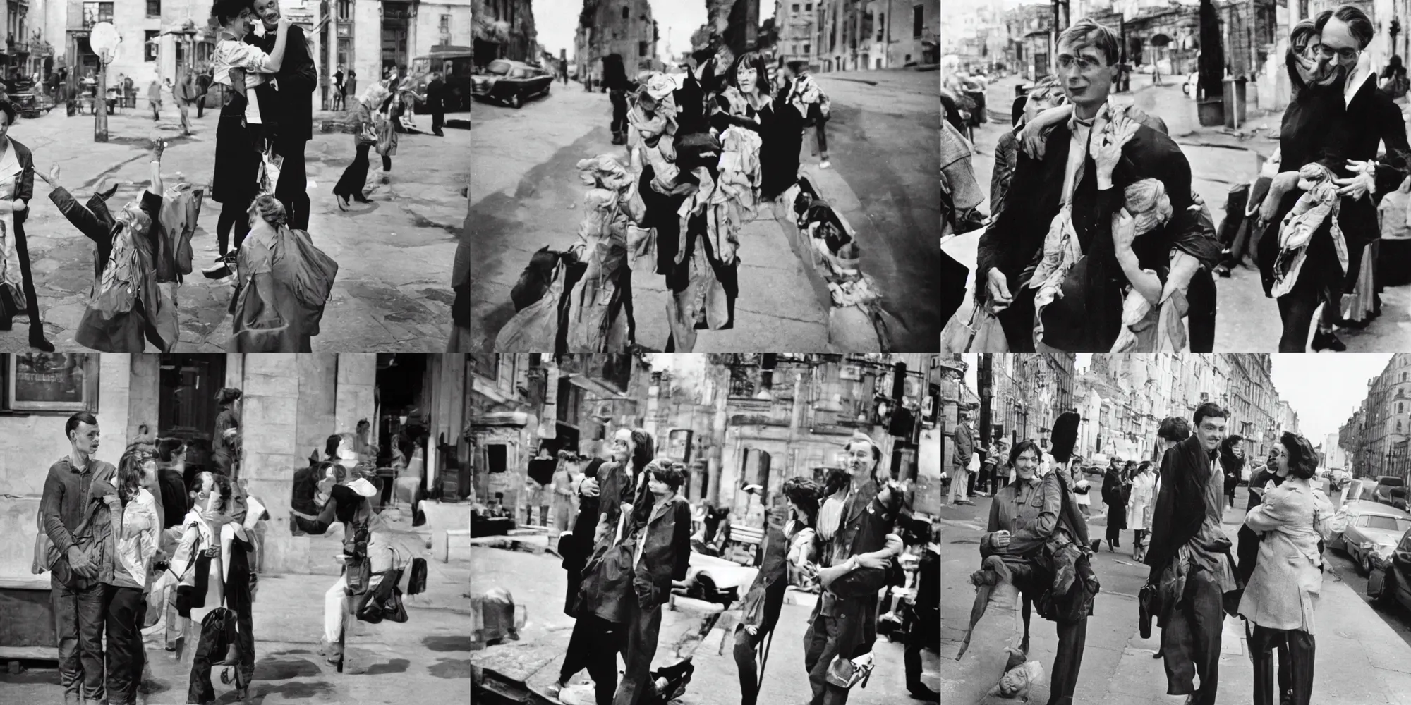 Prompt: happy couple. wide shot. henry cartier bresson