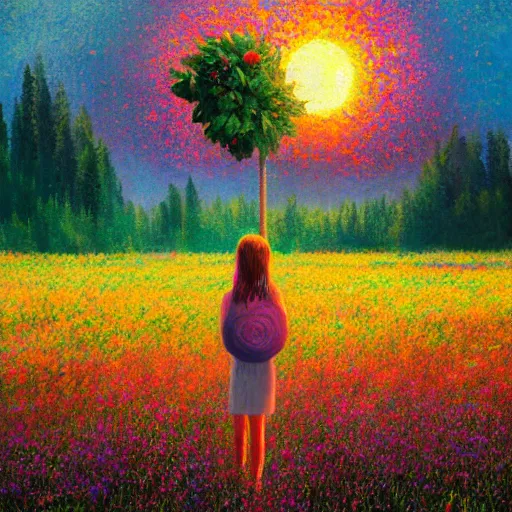 Prompt: girl with large flower as a face, flower field, big trees, sunrise dramatic light, impressionist painting, colorful clouds, digital painting, pointillism, artstation, simon stalenhag