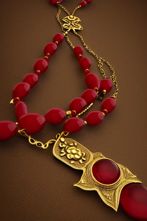 Image similar to historical, art nouveau, red gemstone necklace hanging around a neck, gold metal, glowing inside, octane render, realistic, dramatic light, 3 d, photograph 4 k,