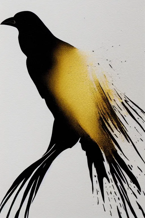 Prompt: beautiful serene smart crow, healing through motion, minimalistic golden ink airbrush painting on white background