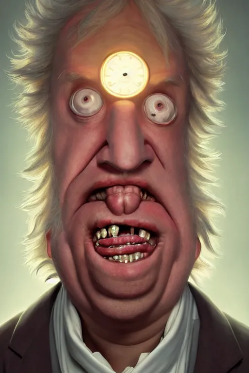 Image similar to Boris Johnson as crazy genius Rick Sanchez from Rick and Morty, unibrow, white robe, big eyes, realistic portrait, symmetrical, highly detailed, digital painting, artstation, concept art, smooth, sharp focus, illustration, cinematic lighting, art by artgerm and greg rutkowski and alphonse mucha