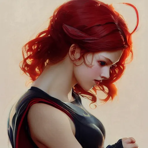 Image similar to a cool red - bun - haired girl. she is dressed as a superhero. clean elegant painting, beautiful detailed face. by artgerm and greg rutkowski and alphonse mucha