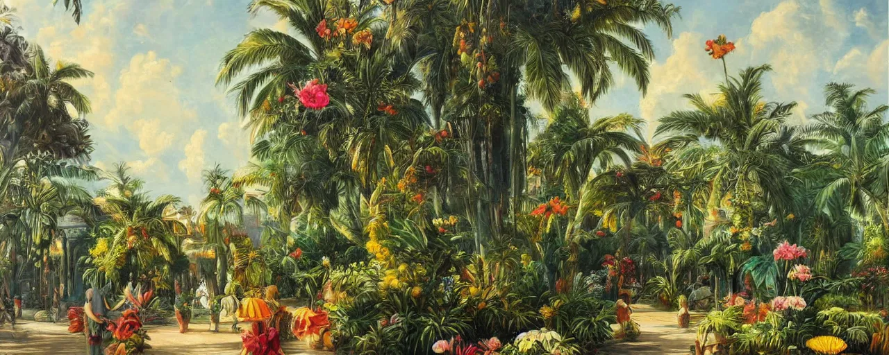 Image similar to a highly detailed oil painting of Tropical Flowers, a view from ground level: elegant, ornate, daytime. this is a beautifully lit scene.