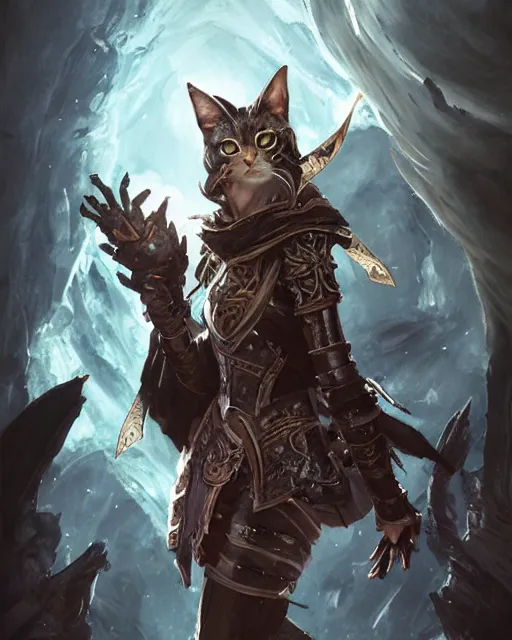 Image similar to Cat witch armor, portrait, casting epic spell, magic the gathering artwork, D&D, fantasy, cinematic lighting, centered, symmetrical, highly detailed, digital painting, artstation, concept art, smooth, sharp focus, illustration, volumetric lighting, epic Composition, 8k, art by Akihiko Yoshida and Greg Rutkowski and Craig Mullins, oil painting, cgsociety