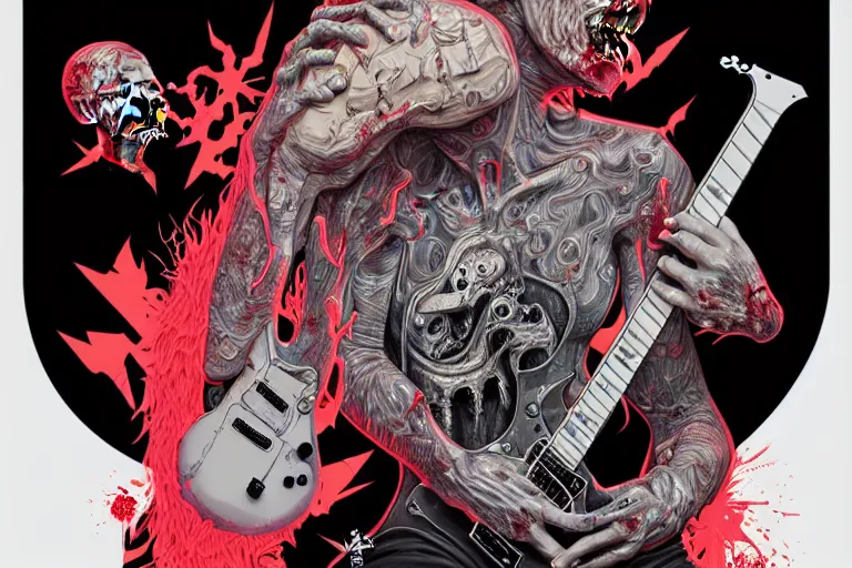 Prompt: zombie metal guitarist, tristan eaton, victo ngai, artgerm, rhads, ross draws, intricated details, 3 / 4 view, full body portrait