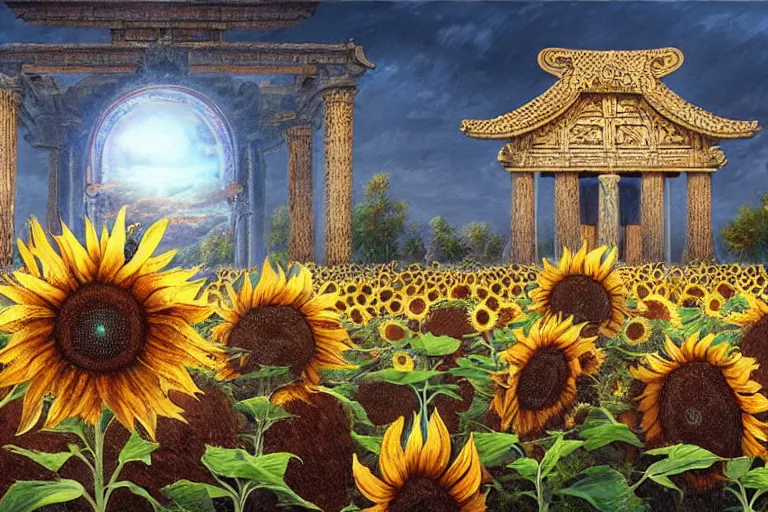 Prompt: Sunflowers and a Temple of Solstice's Power, intricate, elegant, highly detailed, digital painting, artstation, concept art, smooth, sharp focus, hyperrealistic