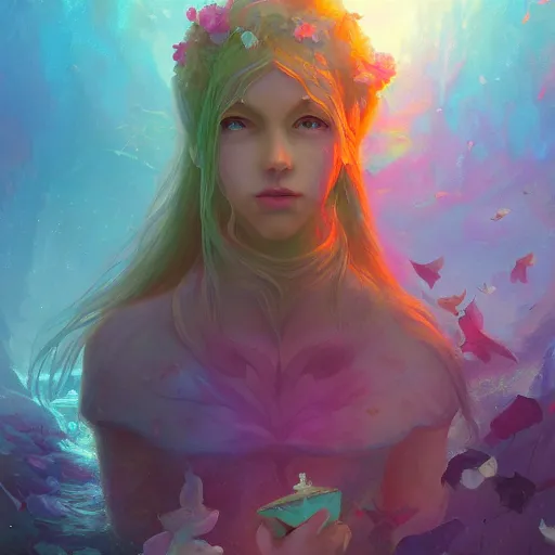 Image similar to i am attracting beautiful souls into my life 🌊✨🌸🌿, 8 k resolution detailed fantasy art, asymmetrical composition, anato finnstark marc simonetti lisa frank zbrush central gloomy midnight.