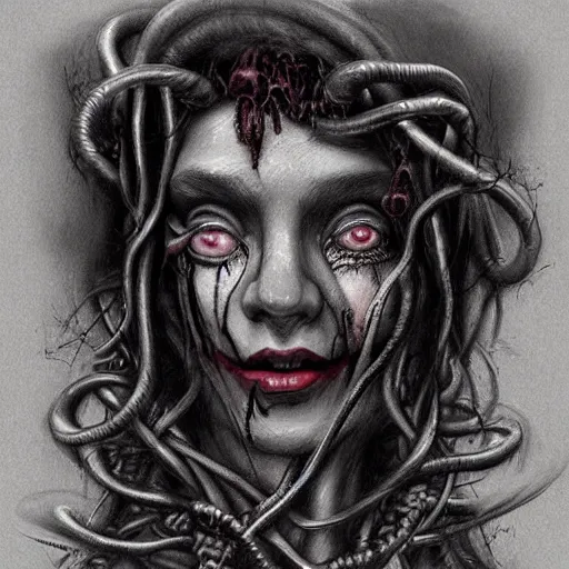 Image similar to surrealism grunge cartoon portrait sketch of Medusa, by michael karcz, loony toons style, freddy krueger style, horror theme, detailed, elegant, intricate