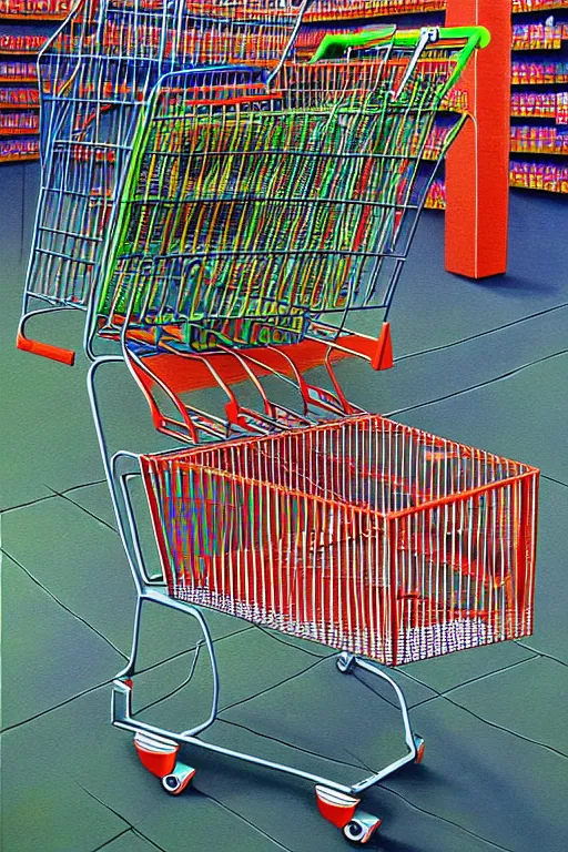 Image similar to a hyperrealistic detailed painting of a creature made of shopping carts at the super market by chris cunningham and richard corben, highly detailed, vivid color,