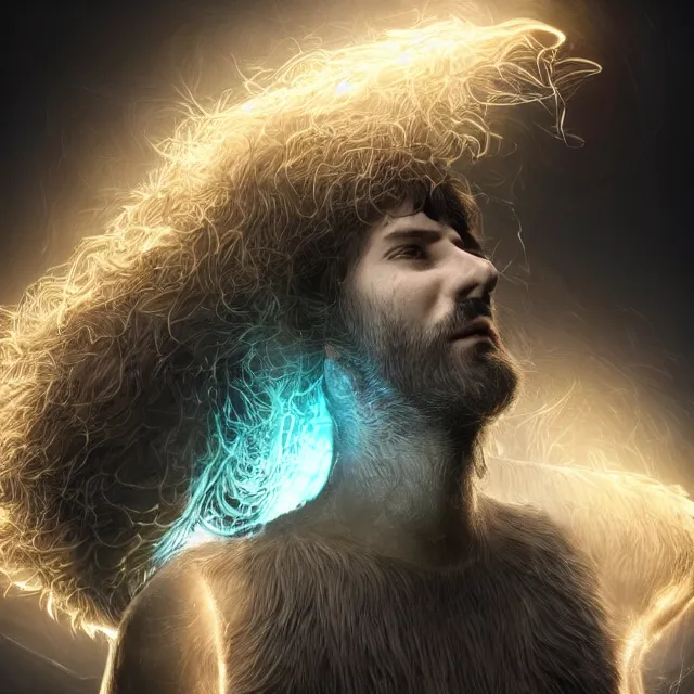 Image similar to realistic, dark hairy handsome man, love, joy, complex cybernetic beings, glowing hair, vortexes, large array, ornate hair, 3 d model, fish eye, round form, cinematic light shadows, wet hdr refractions, insanely detailed rendering, artstation, 8 k, * * * * *