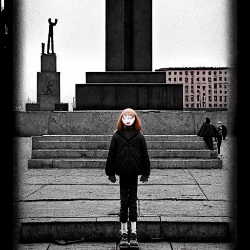 Image similar to storyboard : sadie sink in hoodie sits on bench in ruined square, pedestrians walk by, soviet monument and propaganda posters. scifi cyberpunk. by gabriel hardman. cinematic atmosphere, detailed and intricate, perfect anatomy