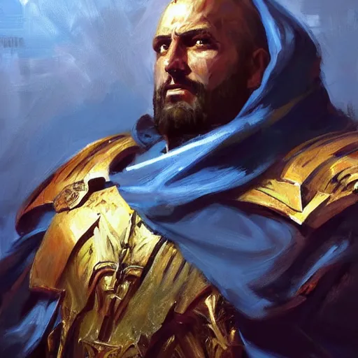 Image similar to greg manchess portrait of the blessed and epic emperor of mankind in a shine of eternal glory warhammer 4 0 k, fantasy, medium shot, asymmetrical, profile picture, organic painting, sunny day, matte painting, bold shapes, hard edges, street art, trending on artstation, by huang guangjian and gil elvgren and sachin teng