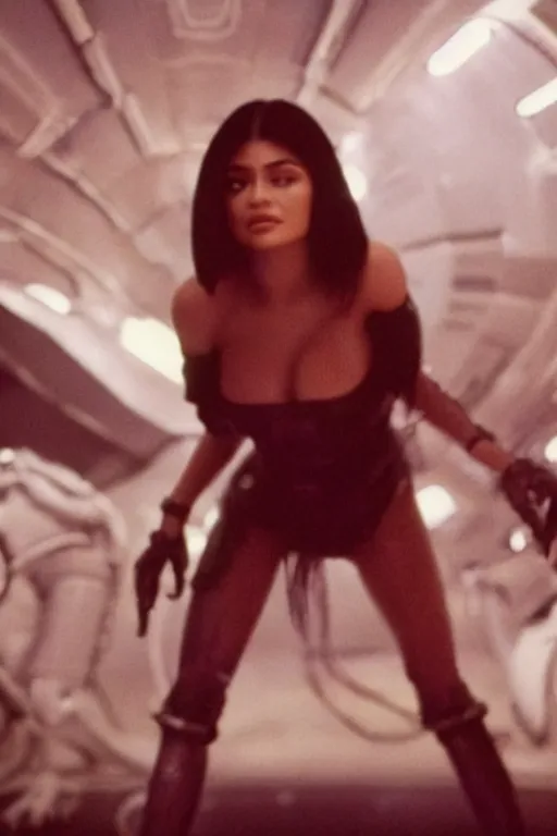 Image similar to film still of kylie jenner in the movie Alien, xenomorph mounted on her, action shot, kylie unconscious, cinematic, 4k.