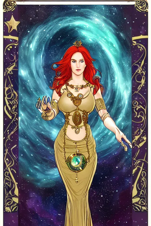 Prompt: a full body tarot card of triss merigold as the thicc empress of time, long and beautiful floor length nebula colored dress made of stars and stardust, emerald tiara and necklace, space, universe, portrait, highly detailed, deep focus, elegant, digital painting, smooth, sharp focus, ultra realistic, 8 k, art by artgerm and alphonse mucha