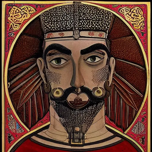 Image similar to stylized symmetrical portrait of Abbas ibn Firnas wearing his steampunk prosthetic mechanical dragon fly wings. a handsome face and a sly smile. ancient Islamic Iberia style.