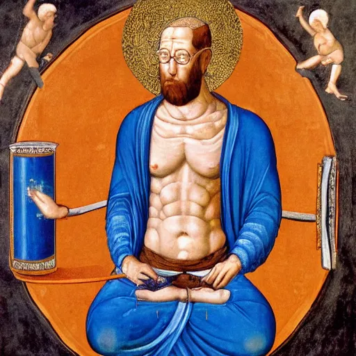 Image similar to hank hill as the god of propane, white tshirt, blue jeans, surrounded by blue fire and blue flames, renaissance religious painting, late gothic religious paintings, byzantine religious art, painting by duccio di buoninsegna and carlo crivelli, trending on artstation