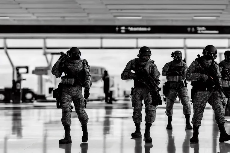 Image similar to Mercenary Special Forces soldiers in grey uniforms with black armored vest and black helmets fighting inside an airport in 2022, Canon EOS R3, f/1.4, ISO 200, 1/160s, 8K, RAW, unedited, symmetrical balance, in-frame, combat photography