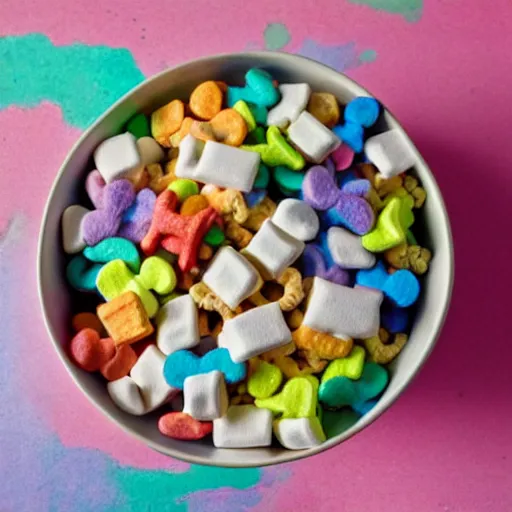 Image similar to lucky charms cereal and colorful marshmallows in the shape of crucifixes, fish, bibles, loaves of bread, and the virgin mary in a bowl