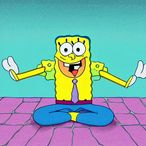 Prompt: spongebob meditating in a lotus position, drawn by stephen hillenburg, carl greenblat, abstract yogic background, cartoon art