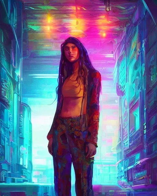 Image similar to colorful full body portrait of a hippie, set in the future 2 1 5 0 | highly detailed | very intricate | symmetrical | professional model | cinematic lighting | award - winning | painted by mandy jurgens | pan futurism, dystopian, bold colors, cyberpunk, groovy vibe, anime aesthestic | featured on artstation