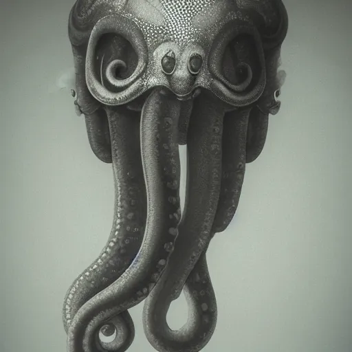 Prompt: dramatic full close - up portrait of a sad human!!! cephalopod hybrid, detailed, dimly light room, volumetric lighting,