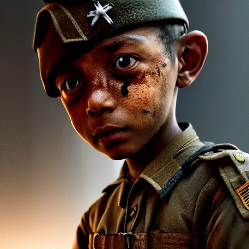 Image similar to young boy soldier, sad, ominous, horror, octane render, by wangechi mutu, unreal engine, by weta digital, by weta fx, cinematic, dramatic, photography, portrait, ray tracing reflections, ray traced, post processing, post - production, tone mapping, cgi, vfx