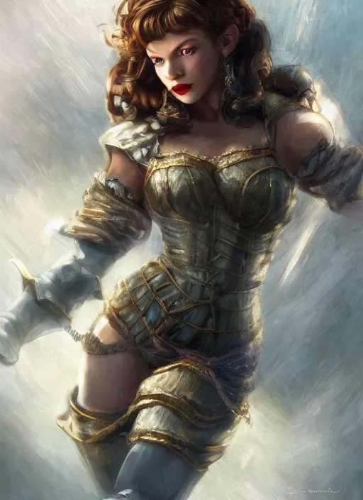 Image similar to beautiful female dorothy gale, milla jovovich as dorothy, full body character concept, armor, super powers, fantasy, intricate, elegant, highly detailed, digital painting, artstation, concept art, shining, sharp focus, illustration, art by stanley lau