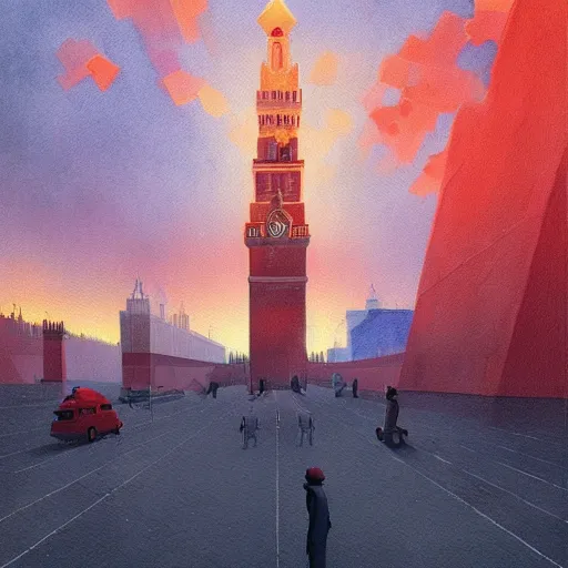 Image similar to a painting of a Red Square in Moscow in flame, a watercolor and matte painting by Beeple and RHADS and maxfield parrish, cgsociety, brutalism, dystopian art, sci-fi, artstation hq