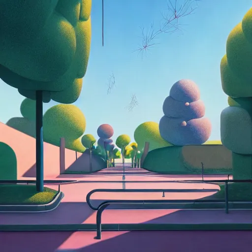 Prompt: pop-surrealist city painting, octane render, unreal engine, trees and pines everywhere, very nice pastel colors, lights and shadows, glowing hot sun, very coherent, Houdini algorithmic generative art, painted by Edward Hopper, Wayne Barlowe, painted by James Gilleard, airbrush, art by WLOP, artgerm and James Jean