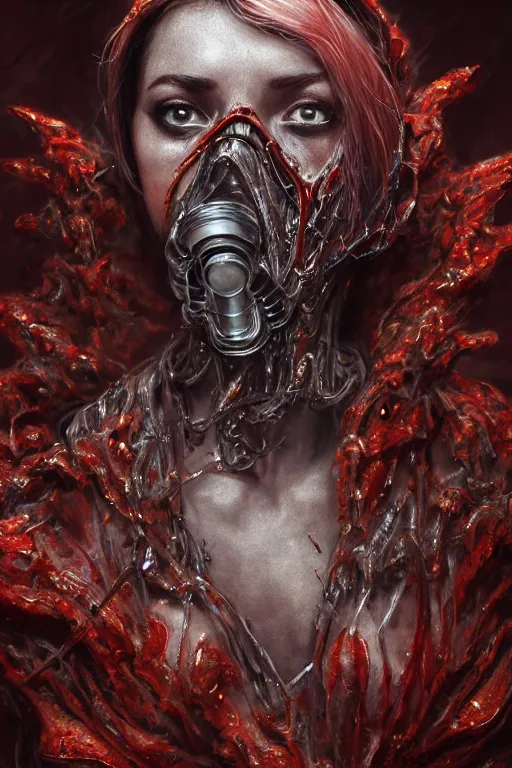 Image similar to realistic portrait of beautifully crystalized and detailed portrait of a biomech zombie woman wearing a gasmask, matte painting of cinematic movie scene red dragon, horror, created by gustave dore and greg rutkowski, high detailed, smooth draw, synthwave neon retro, intricate, realistic proportions, dramatic lighting, trending on artstation.