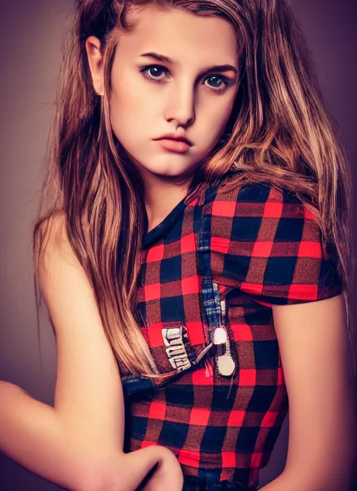 Image similar to gorgeous teen girl in plaid mini skirt and crop top, beautiful face, intricate, extremely detailed, modeling photography, 8 0 mm camera, dramatic lighting, dark room, body and face