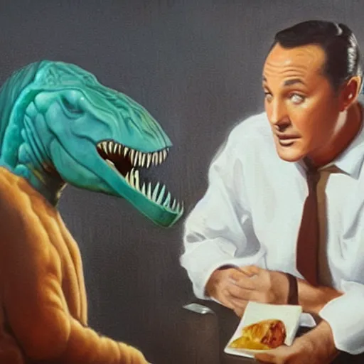 Image similar to beautiful lifelike painting of gene kelly demanding a refund on undercooked overpriced dinosaur steak in downtown dive bar bistro, hyperreal detailed facial features and uv lighting, art by osamu sato